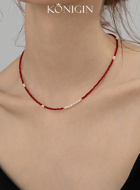 淡水珍珠红尖晶项链女