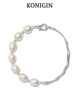Konigin天然巴洛克珍珠半镯纹理手镯女s925纯银轻奢小众手链手饰