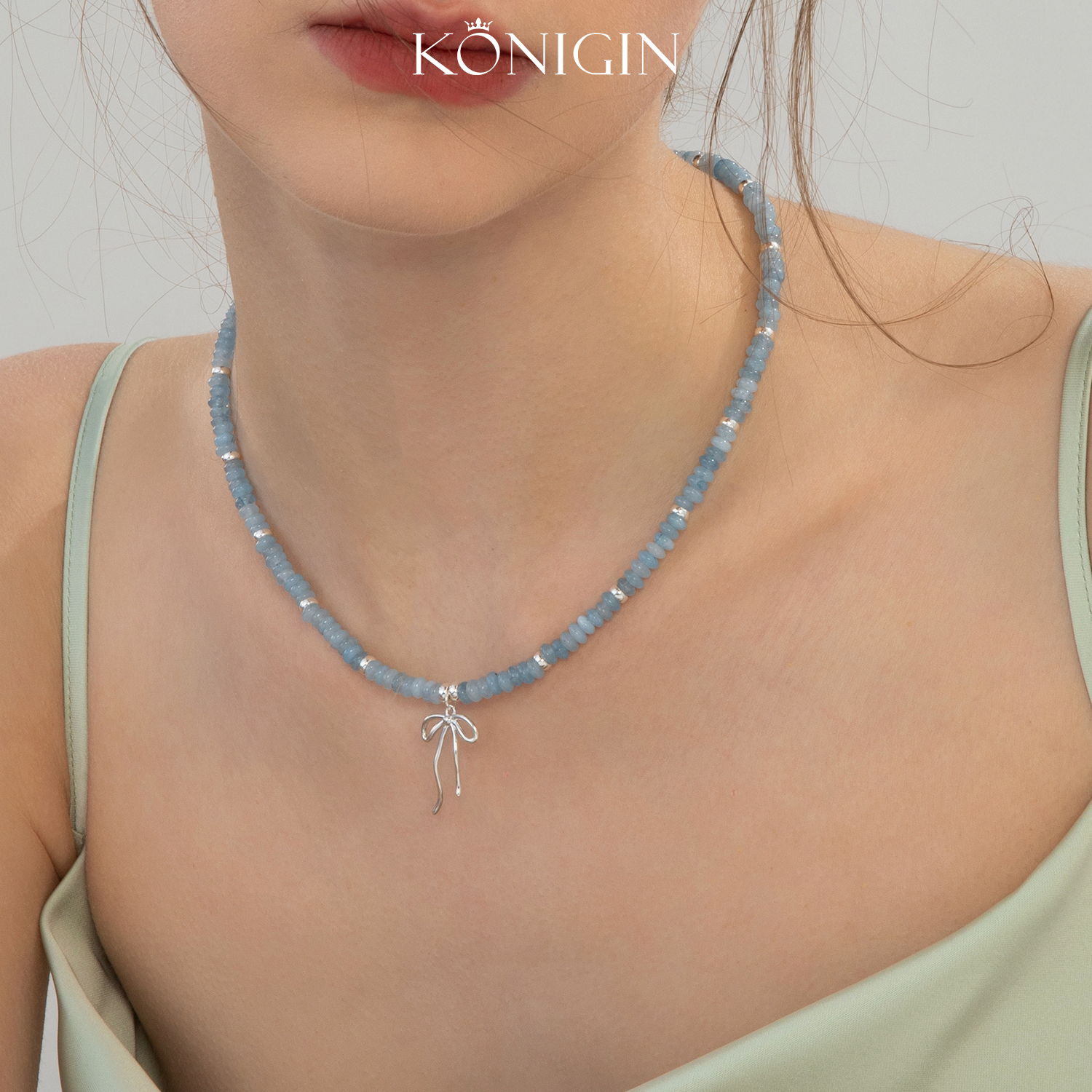 925纯银海蓝宝项链女锁骨链