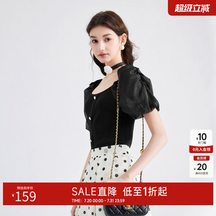 女可爱泡泡袖 秋水伊人甜美法式 新款 方领针织衫 减龄上衣 2025年夏季