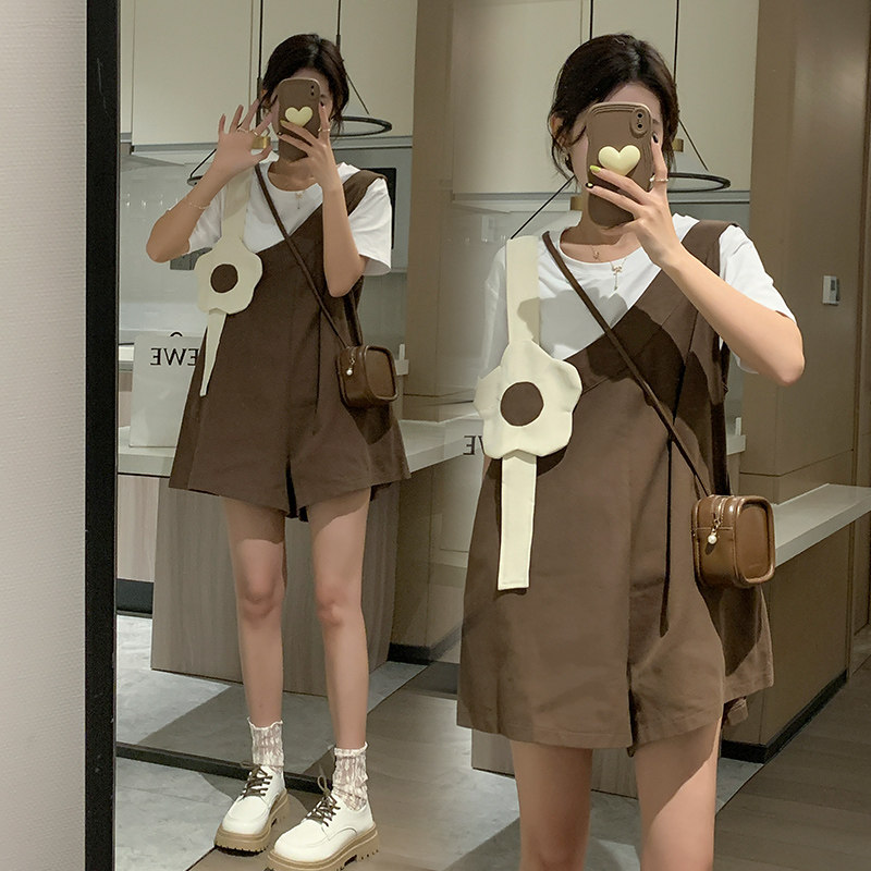 MATERNITY SUIT SUMMER DRESS HIGH-QUALITY COTTON SHORT-SLEEVED TOP LOOSE SIMPLE AND CUTE BIB SHORTS TWO-PIECE SET FOR SUMMER