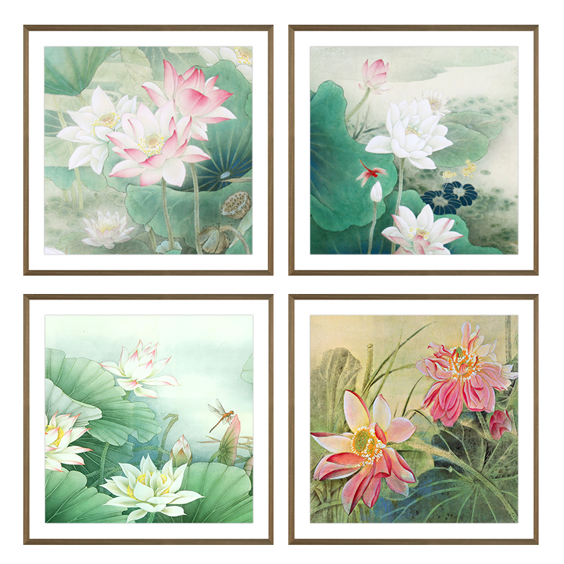 客餐厅装饰画画芯不含框宋氏美学荷花图古典艺术油画布定制自粘图片