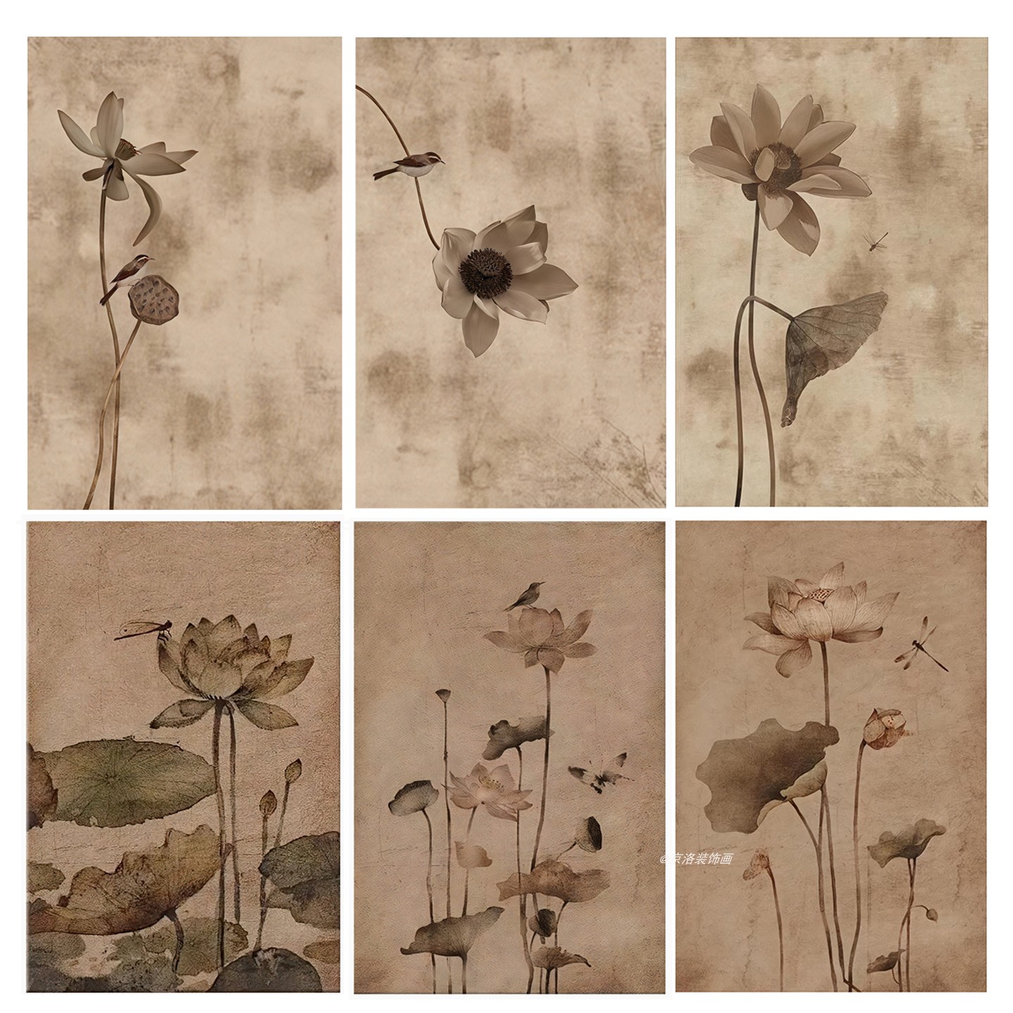 法式复古中古风装饰画画芯不含框宋代美学荷花图高级感自粘贴壁画图片