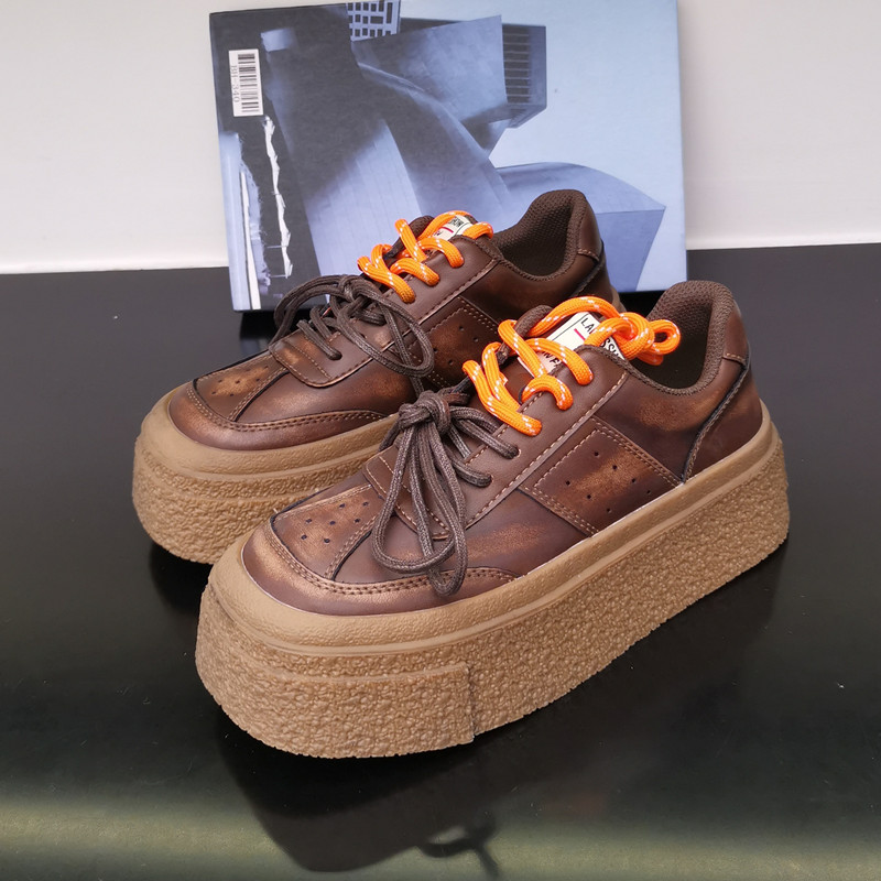 2024年秋季新款真皮厚底擦色百搭透气防滑休闲鞋松糕鞋单鞋女鞋潮