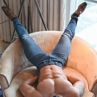 中低腰小脚青年潮流九分牛仔裤 男式 蓝色复古水洗做旧针织弹力修身