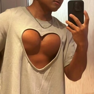 男生性感镂空露胸肌胸毛T恤宽松透气运动短袖 逛街旅游夜店上衣棉