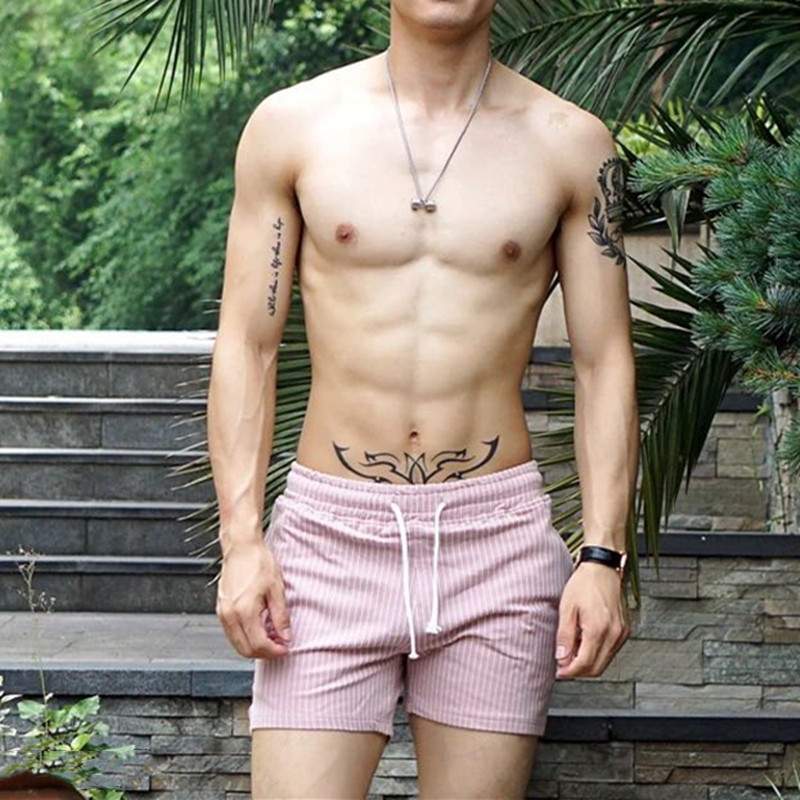 男士竖条纹三分裤健身房训练纯棉运动跑步短裤大码休闲粉色沙滩裤