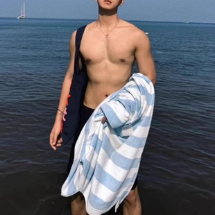 男士 条纹珊瑚绒健身擦汗浴巾超强吸水速干亲肤裹巾海边旅游沙滩巾