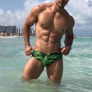 男士 绿叶紧身性感比基尼印花海边沙滩冲浪戏水泰国旅游三角泳裤