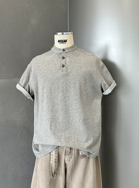 WEERE新疆长绒棉280克复古亨利领短袖T恤男夏季宽松休闲POLO衫