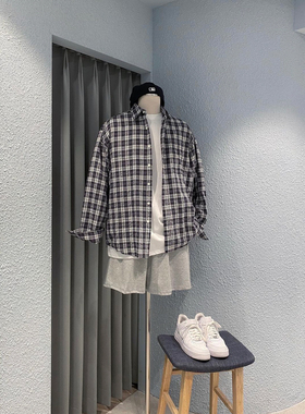 NEOKOEN原WEERE春夏新款复古褶皱格子长袖衬衫男宽松休闲防晒衬衣