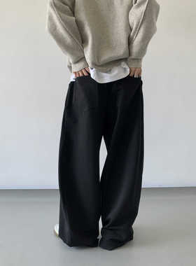 WEERE复古黑色阔腿裤男宽松直筒休闲长裤子高级感西裤
