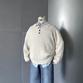 WEERE秋冬季 基础翻领扭花套头针织衫 休闲宽松polo毛衣