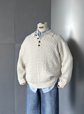 WEERE秋冬季基础翻领扭花套头针织衫休闲宽松polo毛衣