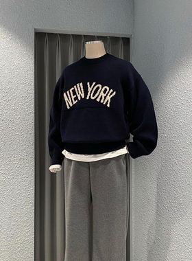 WEERE字母提花毛衣男复古学院风宽松圆领套头针织衫秋冬新款