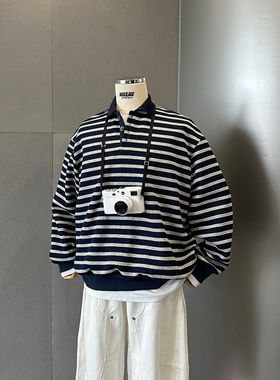 WEERE复古撞色条纹套头卫衣宽松休闲百搭长袖polo衫