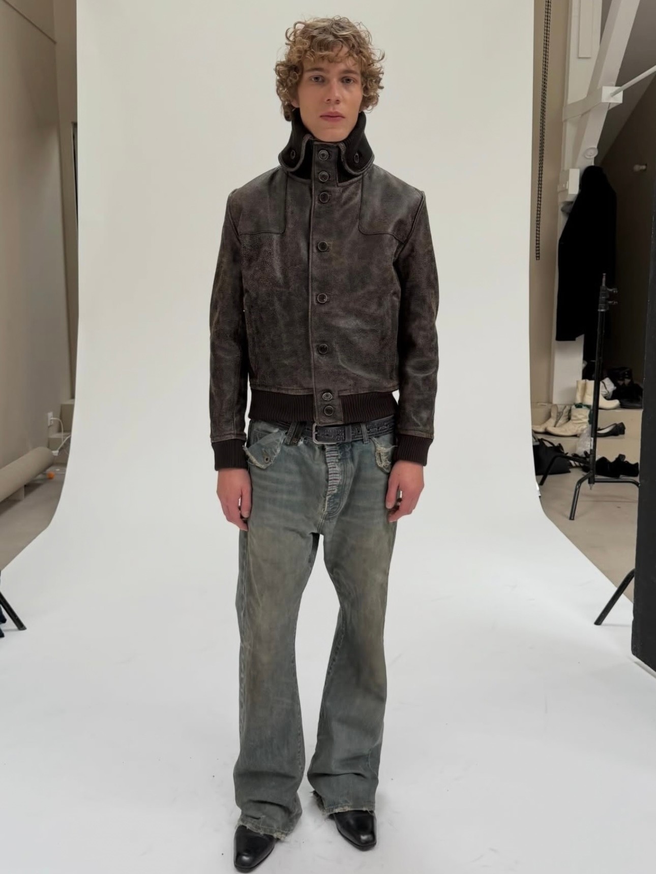thumbnail for No Faith studios limited edition red-eared denim washed distressed spliced ink-splashed cow trousers