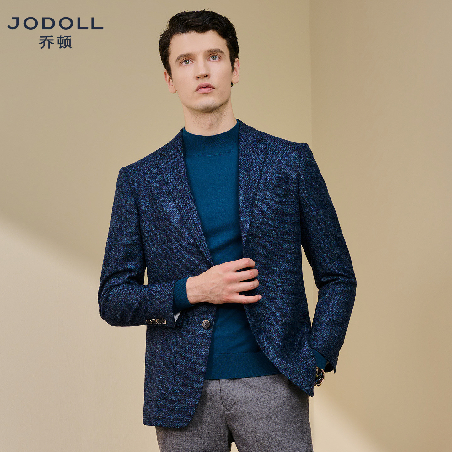 JODOLL乔顿潮流时尚花纱蓝色单西服男士商务休闲绵羊毛小西装外