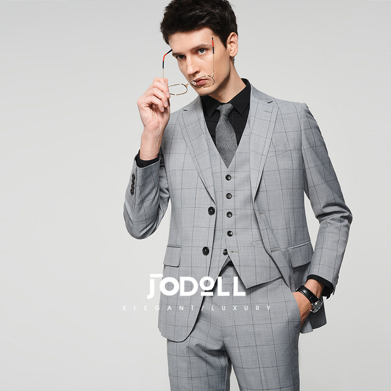 JODOLL乔顿男羊毛西服套装上衣商务正装新郎结婚格子小西装外套