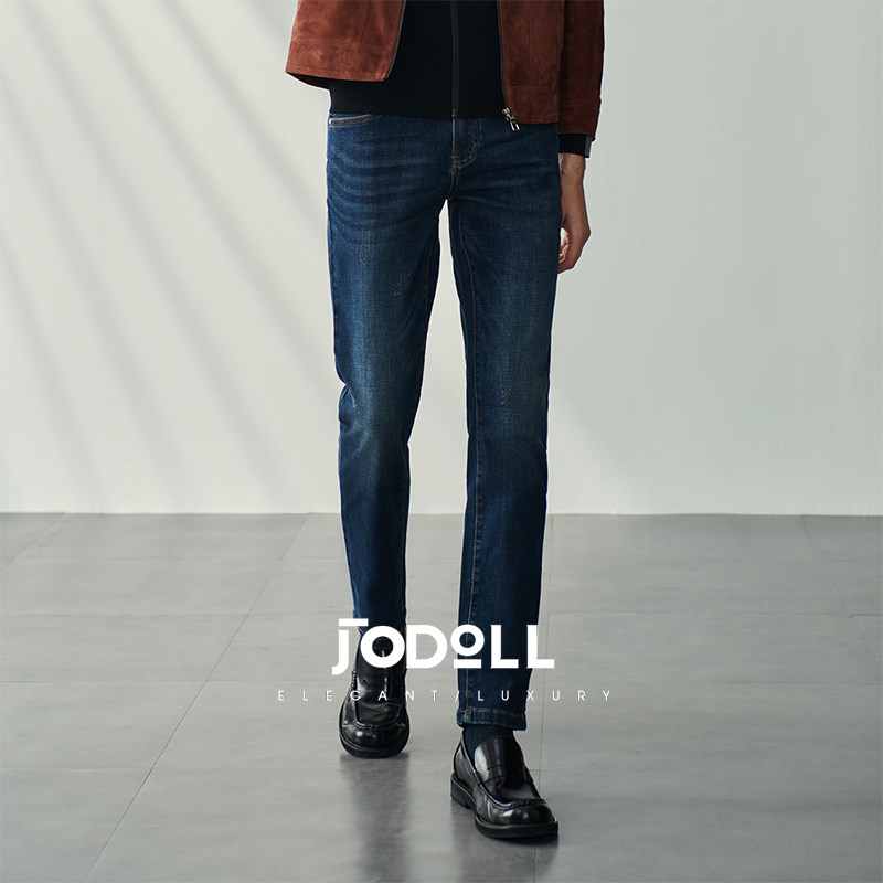 JODOLL乔顿男士藏青色长裤休闲百搭柔软棉弹力皮牌修身水洗牛仔