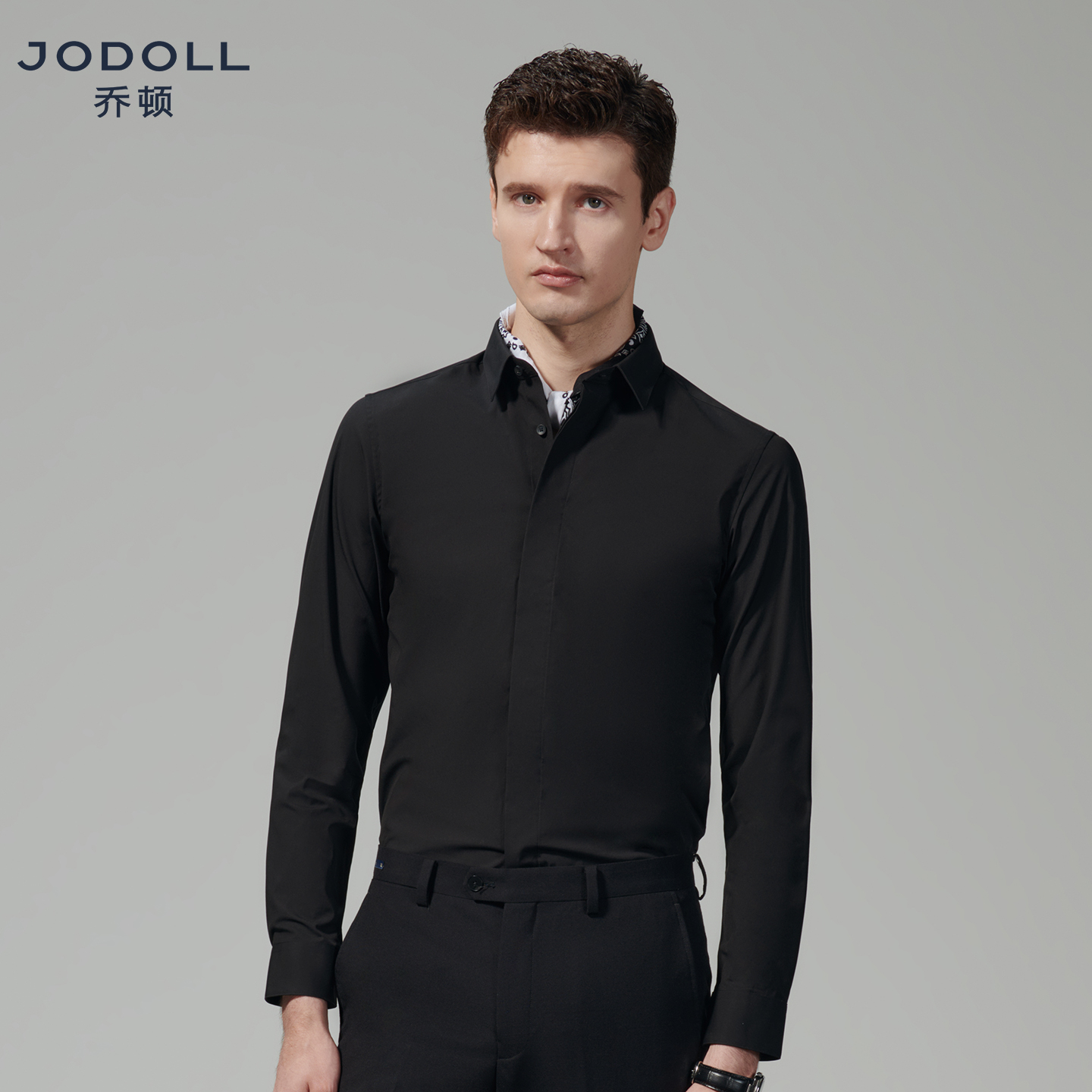 [舒适品质]Jodoll乔顿黑色衬衫男士秋冬新款商务正装长袖衬衣上衣