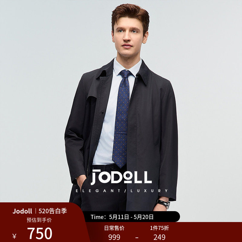 JODOLL乔新款顿男风衣都市型男潮流翻领黑色中长款休闲风衣外套