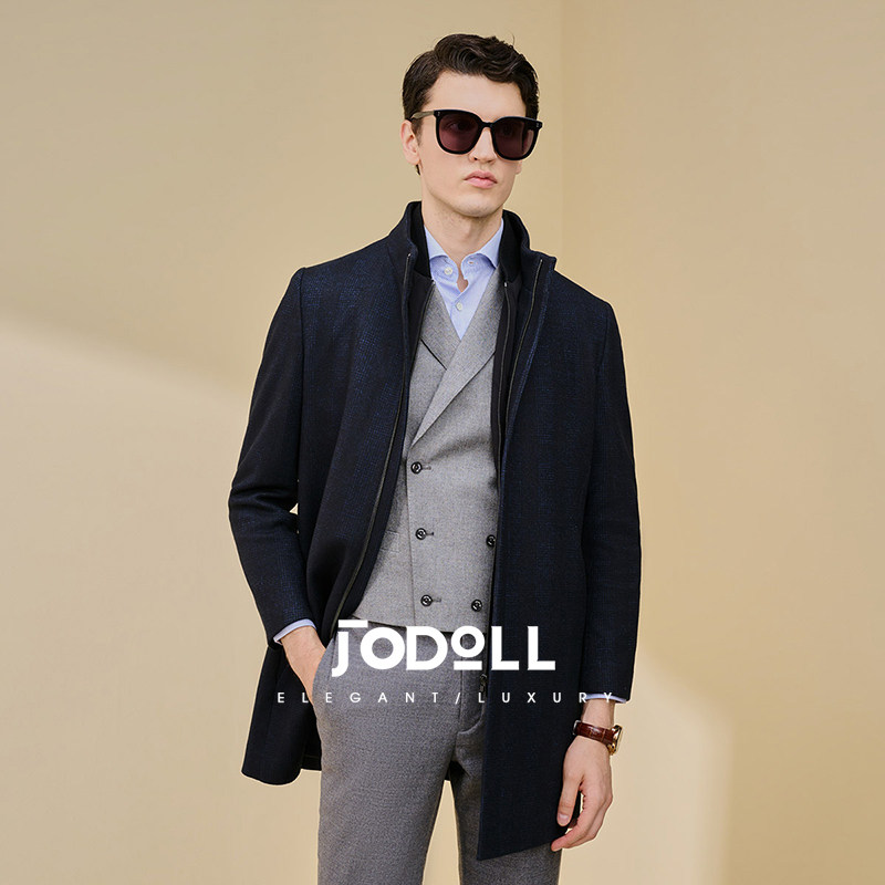 JODOLL乔顿冬季男士羊毛大衣潮流帅气格纹立领中长款保暖毛呢外