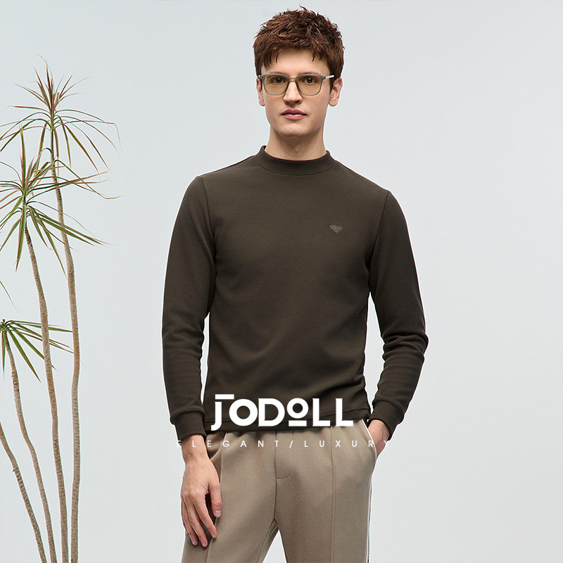 乔顿男柔软舒适四面弹长袖上衣纯色休闲百搭磨毛刺绣圆领长袖T恤