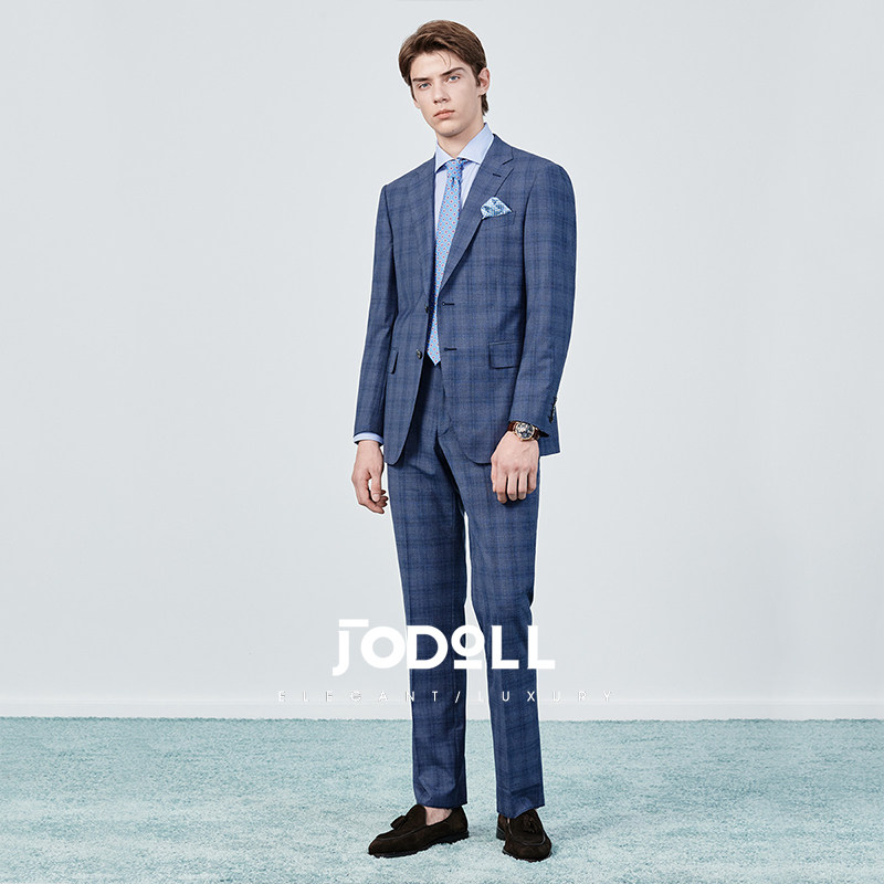 JODOLL乔顿潮流蓝色西装男商务正装羊毛桑蚕丝暗格纹格子西服套