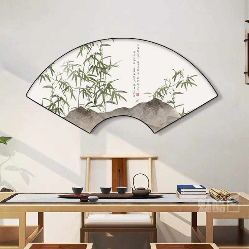 新中式客厅玄关装饰画扇形国风挂画茶室竹报平安墙画禅意扇面壁画