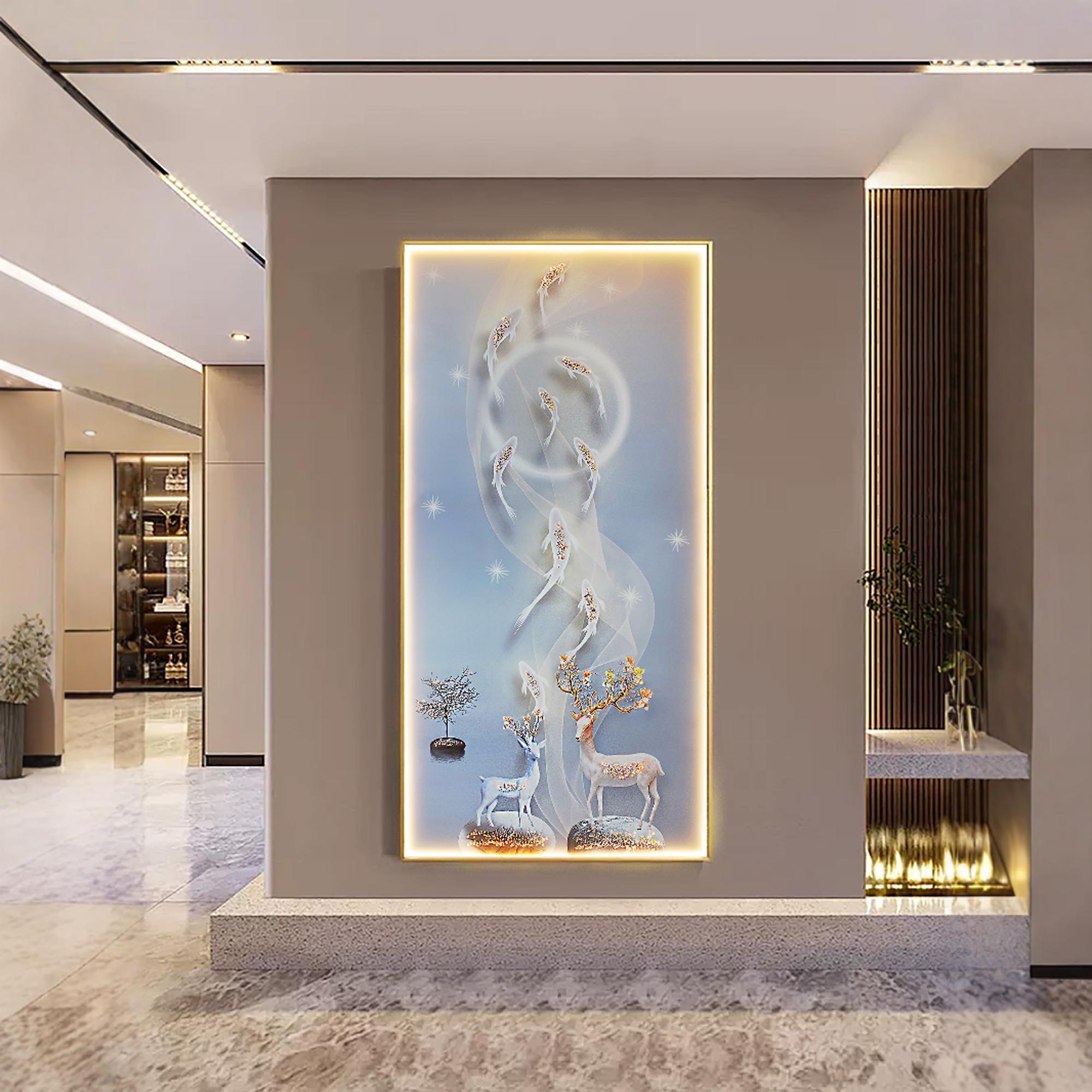 九鱼聚财入户玄关装饰画轻奢走廊晶瓷挂画现代简约客厅led灯壁画图片