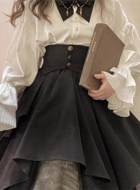 圣诞哥特风lolita百褶网纱灯笼袖衬衫束腰洛丽塔SK半裙晚祷歌修女