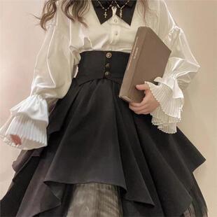 圣诞哥特风lolita百褶网纱灯笼袖 束腰洛丽塔SK半裙晚祷歌修女 衬衫