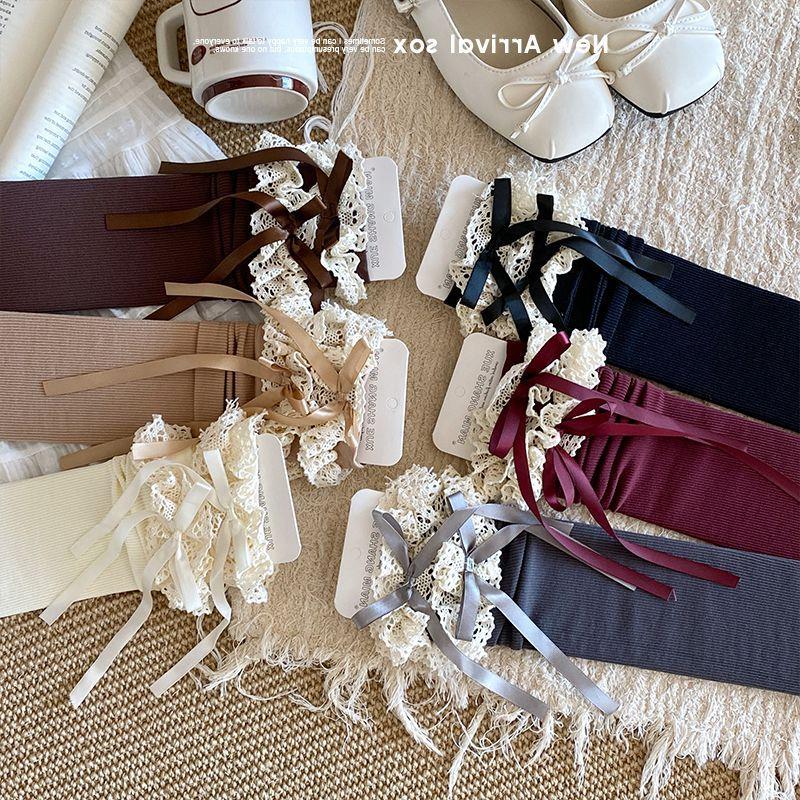 女童袜子长筒袜秋冬飘带蝴蝶结小腿袜儿童安可拉红公主大腿高筒袜