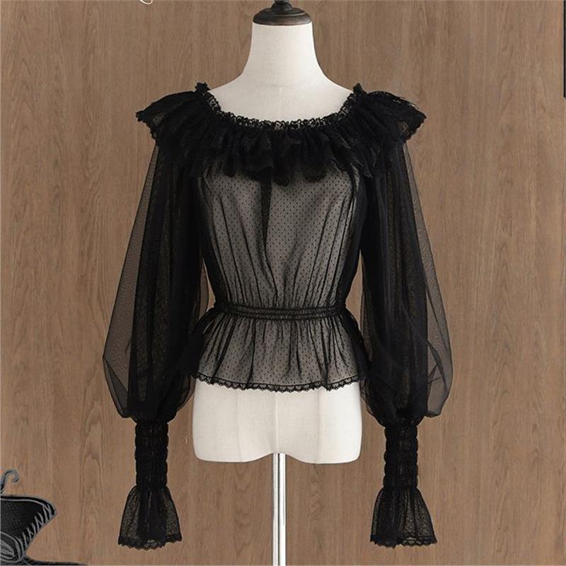 叠心心~lolita方领一字肩复古甜美羊腿袖荷叶边打底网纱衬衫内搭