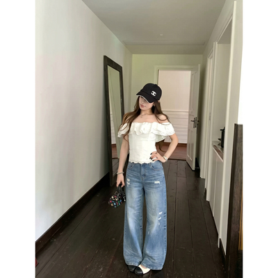 D04043春季新款港风复古独特垂感高腰阔腿裤女宽松百搭破洞牛仔裤