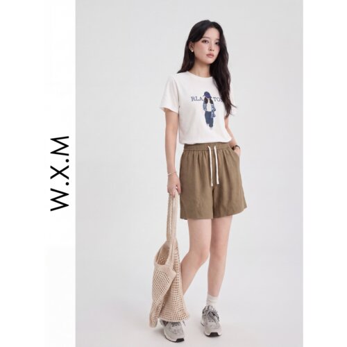 D05443夏季新款时尚简约宽松休闲女款小个子松紧腰口袋休闲短裤