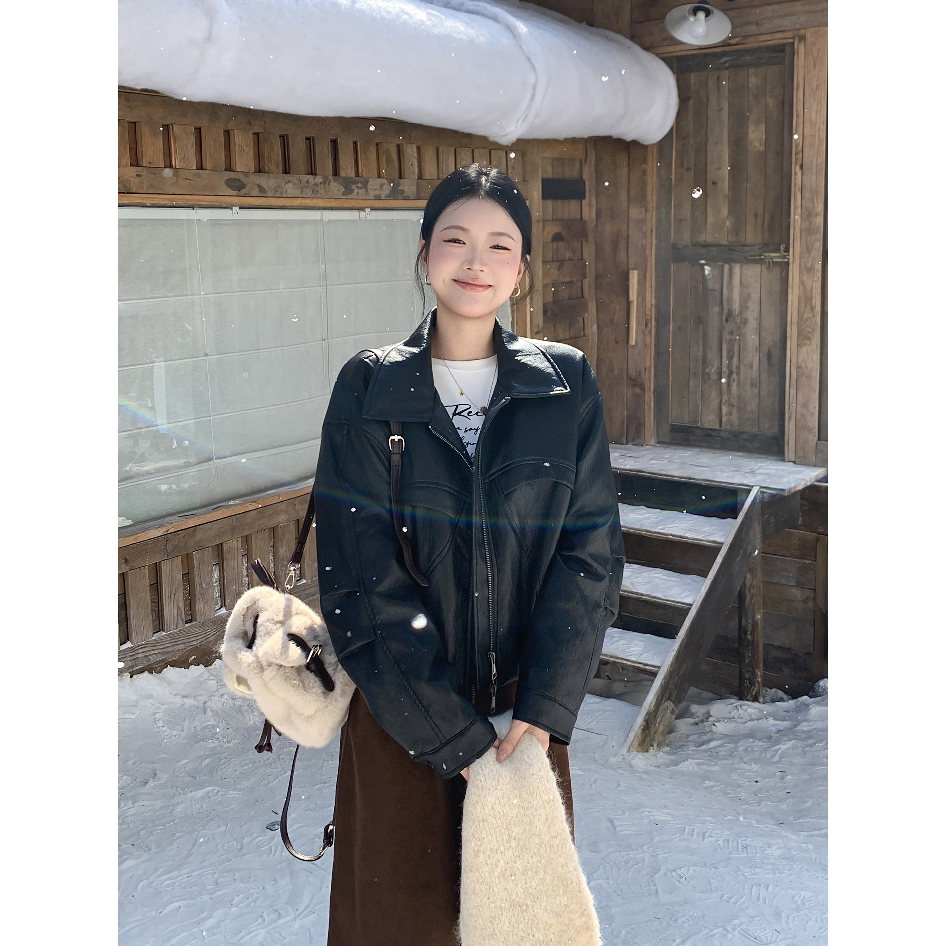 张小醒DRESS STUDIO衬衫领短款皮衣外套女冬季新款夹克小个子上衣,女装/女士精品,短外套,淘宝优惠券,粉丝福利购,淘宝优惠卷