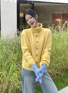 张小醒DRESS STUDIO黄色高领针织毛衣外套女冬季加厚打底开衫上衣