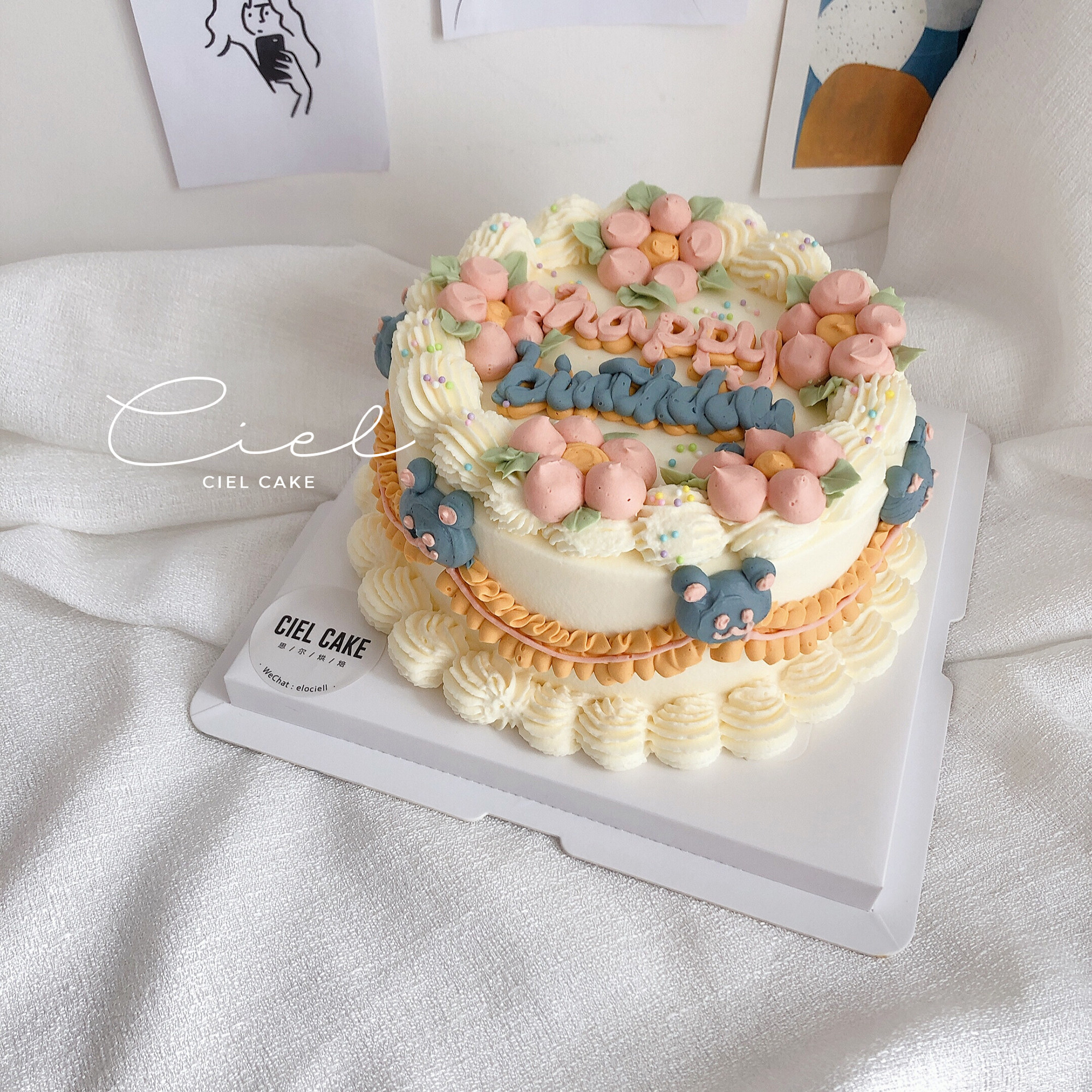 ciel cake ins复古花朵手绘动物奶油生日蛋糕武汉同城配送