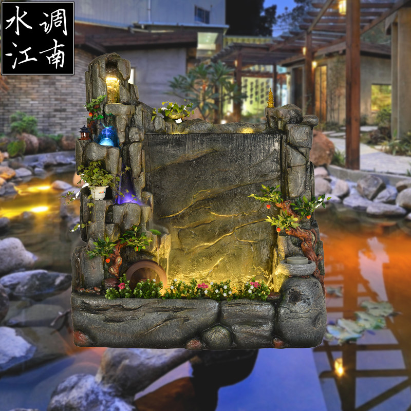 水调江南中式假山庭院花园灯光水幕水景景观招财流水造景落地摆件