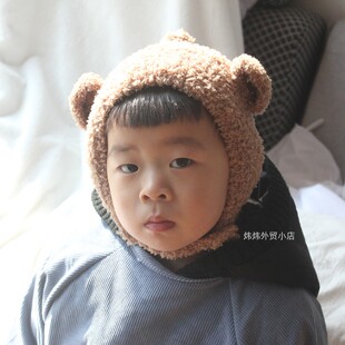 婴儿帽子秋冬季男童女童珊瑚绒宝宝护耳帽儿童可爱超萌小熊毛绒帽