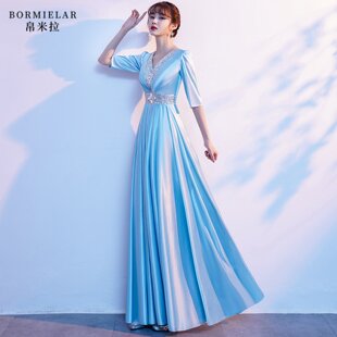 2026新款冰蓝色大合唱团演出服女长裙女歌手高端大气独唱比赛V521