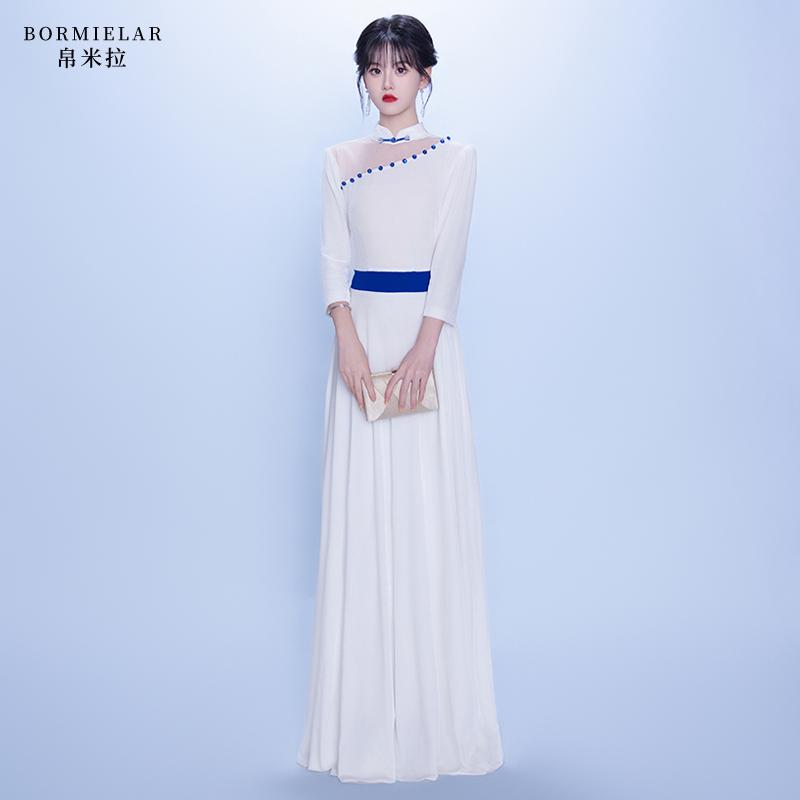 白色大合唱演出服女长裙成人2026新款古筝独唱气质主持金丝绒秋冬图片