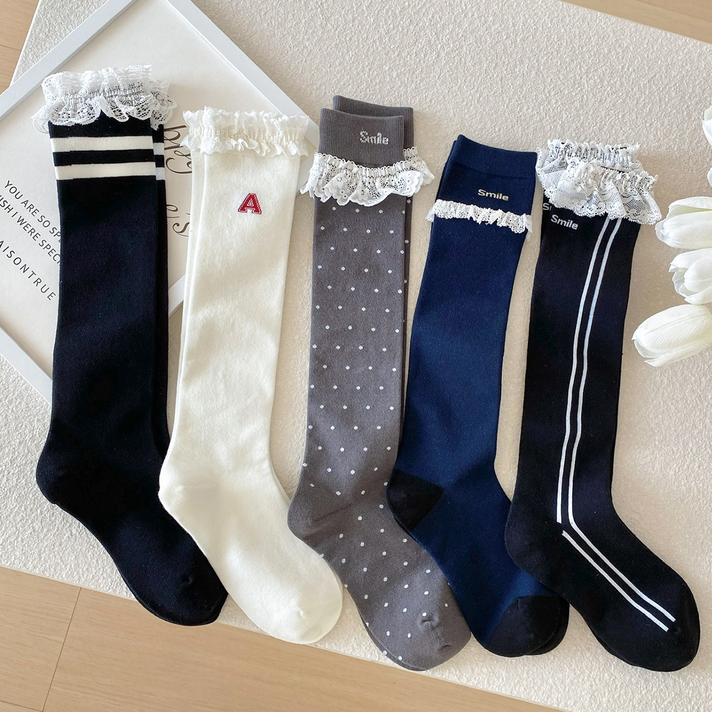 日系学院风及膝袜子女春秋复古波点少女甜美蕾丝花边小腿袜长筒,女士内衣/男士内衣/家居服,长筒袜,淘宝优惠券,粉丝福利购,淘宝优惠卷