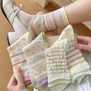 糖果色可爱袜子女中筒袜ins潮网红款 日系少女花边长袜 夏季 薄款