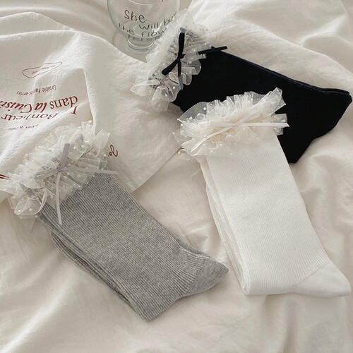 网纱花边袜子女蝴蝶结中筒袜