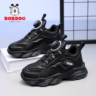 潮 女童百搭老爹鞋 巴布豆儿童黑色运动鞋 中大童皮面防水男童小黑鞋