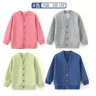 纯色百搭开衫男女童纯棉毛圈V领外套中大童扣子春季外套100-150码