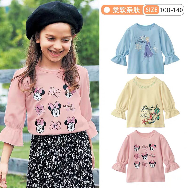 出口日系千家春秋新款女童纯棉灯笼袖t恤公主卡通动漫7分袖童装